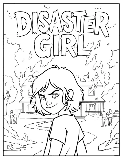 Disaster Girl sonríe delante de una casa envuelta en llamas.