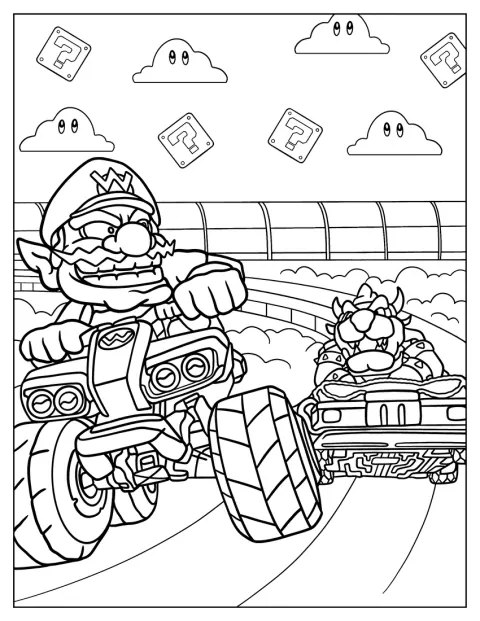 Wario e Bowser disputam uma corrida de karts na pista.