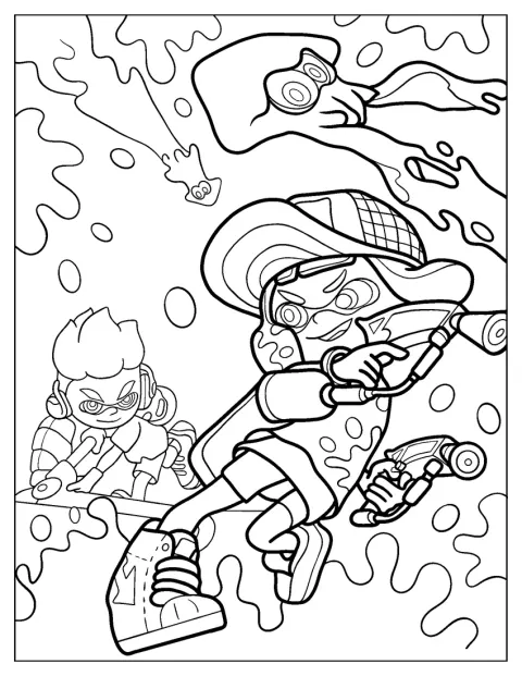 Różowa Inkling Girl Amiibo staje naprzeciw zielonego Inkling Boya.