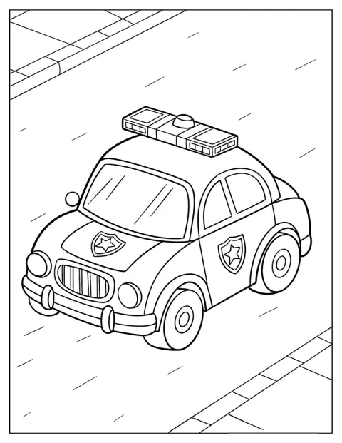 Uroczy radiowóz szybko jedzie po drodze.