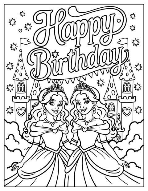 Duas princesas posam diante de um castelo, sob a mensagem «Feliz aniversário».