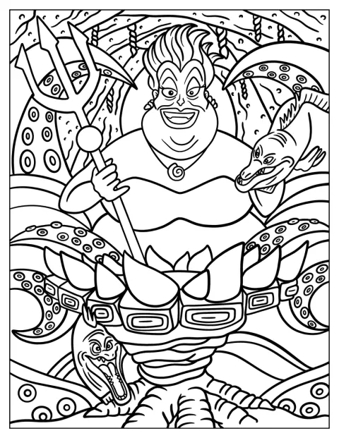 Ursula sitter på tronen sin med Flotsam og Jetsam ved siden av seg.