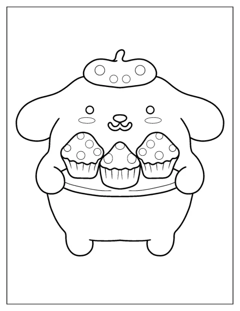 Pompompurin bringt süße Cupcakes auf einem Teller.