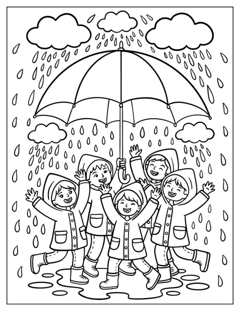 Eine Gruppe Kinder lacht zusammen und sucht unter einem Regenschirm Schutz vor dem Regen.
