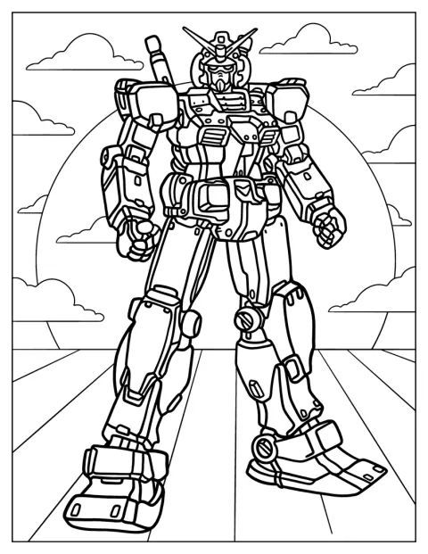 Ein Gundam steht vor einer Landschaft im Abendrot.