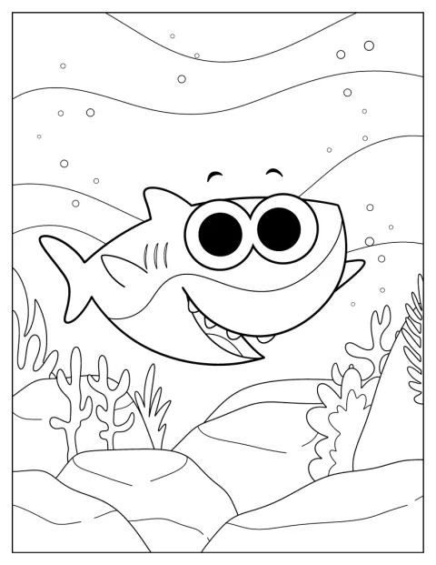 Finny, el tiburón bebé, aparece en un dibujo sencillo.