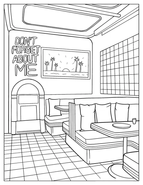 Cool 80s Coloring Page Of Diner interior with Jukebox