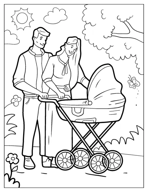 Mama și tata își plimbă bebelușul într-un cărucior.