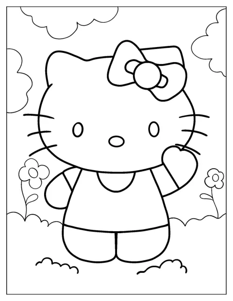 Hello Kitty mosolyogva integet.