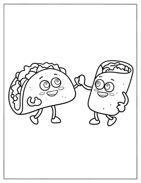 Um taco simpático está ao lado de um burrito enrolado.