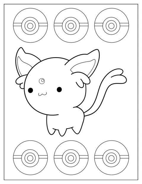 Espeon v jednoduchém chibi stylu stojí čelem k divákovi.