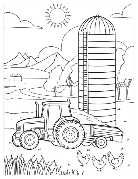 Een tractor rijdt langs een silo waar kippen rondscharrelen.