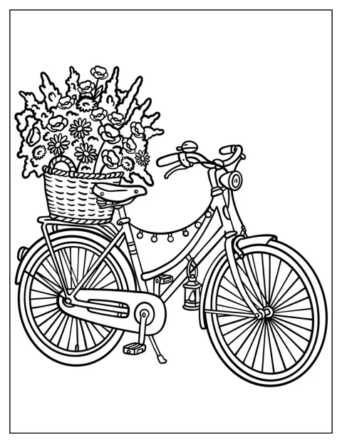 Ein Fahrrad mit einem Korb voller Blumen steht im Freien.