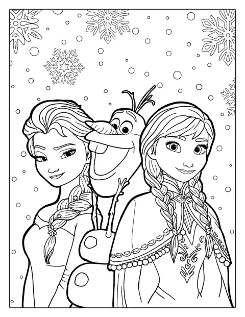 Elsa, Anna i Olaf z Krainy Lodu stoją razem.