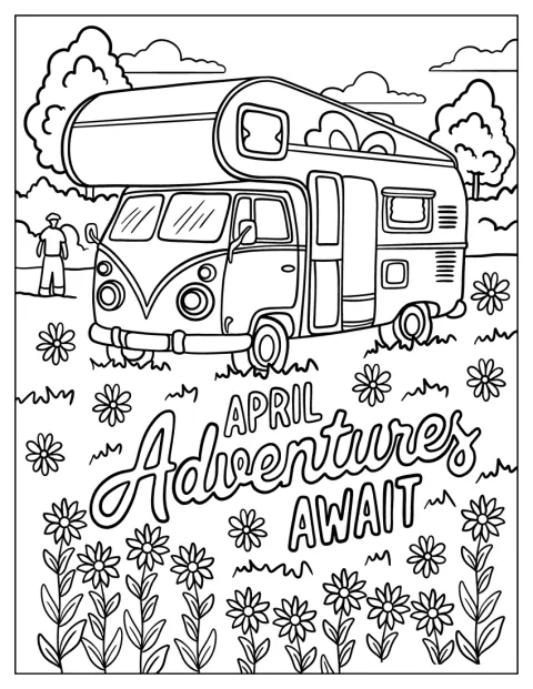 Ein Campervan steht in einem Blumenfeld für ein Aprilabenteuer.