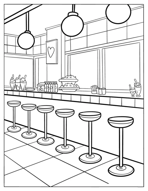 Inne i en milkshakebar er disken og sitteplassene synlige.