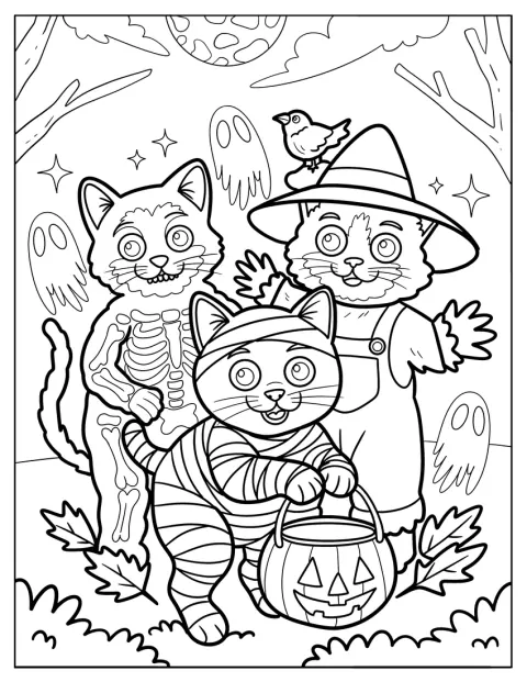 仮装した三匹の猫が、ハロウィンのお菓子をもらいに歩いています。