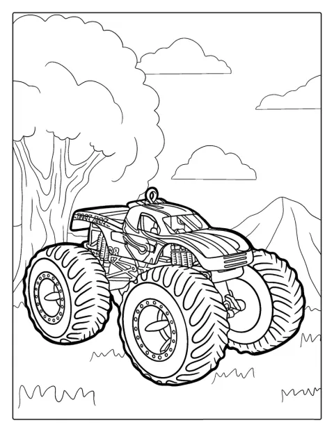 Um monster truck da Hot Wheels apresenta rodas grandes.