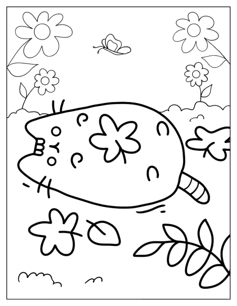 Pusheen ligger afslappet i en eng fyldt med blomster.
