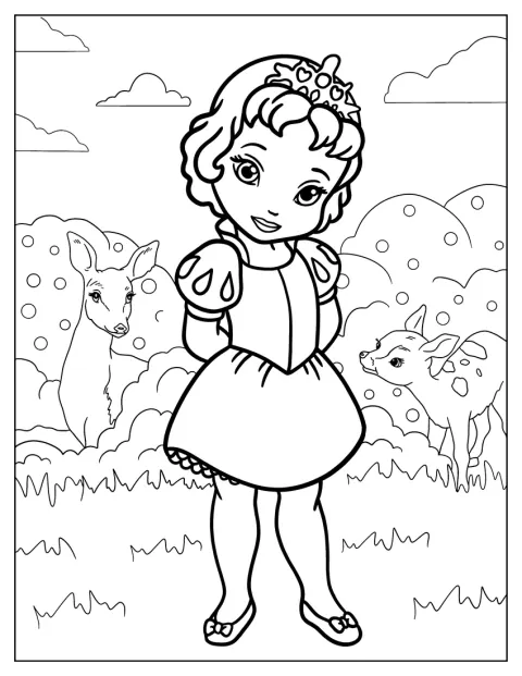 Blancanieves, en estilo chibi, está acompañada por sus amigos animales.