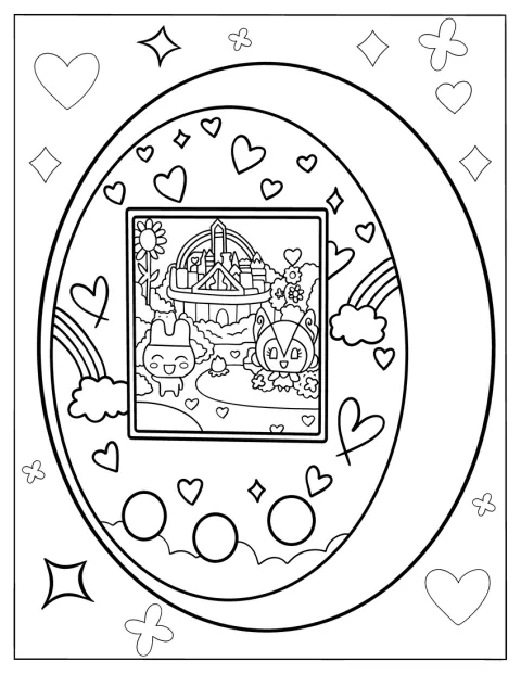 Un Tamagotchi detallado está decorado con corazones y arcoíris.