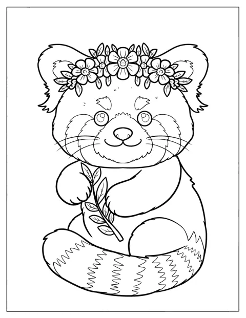 Virágkoszorús vörös panda tart a mancsában egy faágat.
