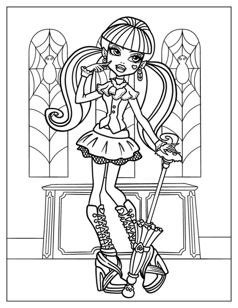 Draculaura pose, vêtue de sa tenue caractéristique.