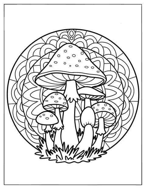 Diversi funghi spuntano davanti a un mandala decorato.