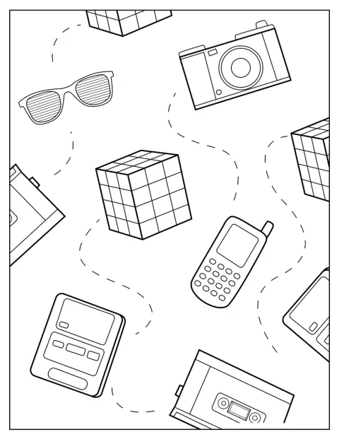 Un floppy disk, un cubo di Rubik, un telefono e musicassette sono riuniti insieme.