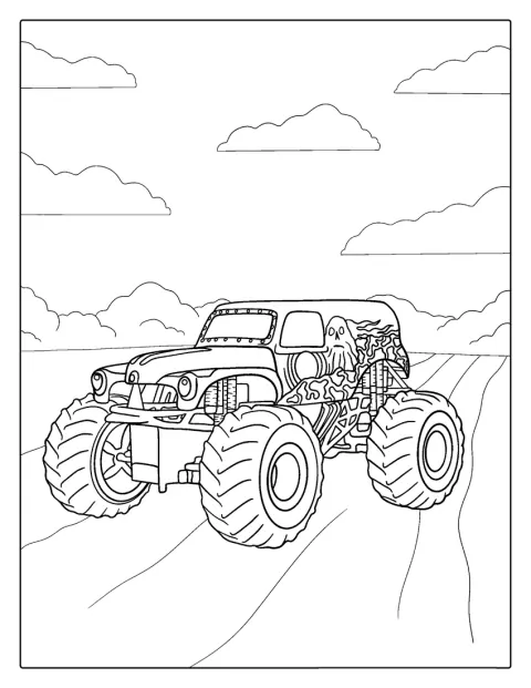 Le monster truck Grave Digger apparaît avec ses grandes roues.