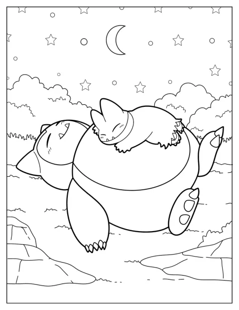 Under en stjerneklar himmel sover Munchlax og Snorlax side om side.