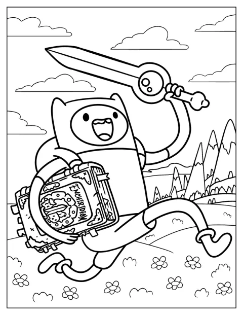 Finn springer fram med sitt svärd och Enchiridion i handen.