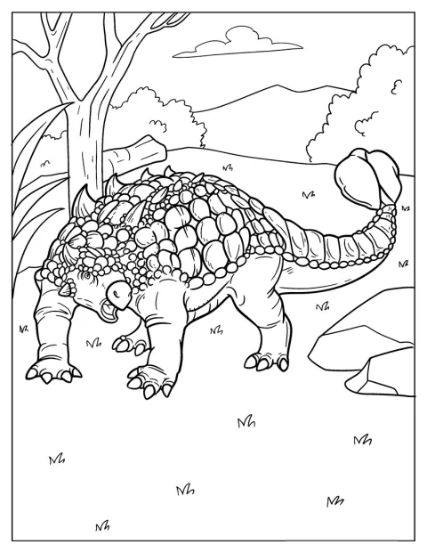 En skjellete Ankylosaurus går mellom trærne i skogen.