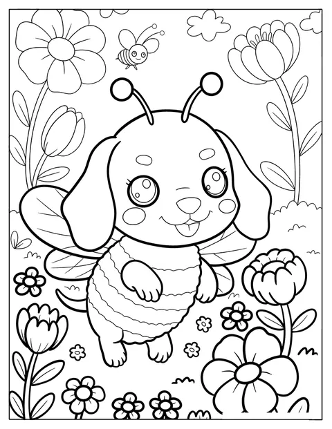 Au milieu des fleurs et des insectes, un chiot teckel porte un costume d’abeille.