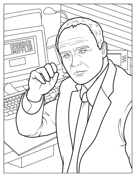 Vakava Creed Bratton istuu pöydällään Dunder Mifflinin logon edessä.