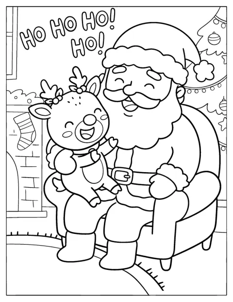 Der Weihnachtsmann lacht gemeinsam mit dem kleinen Rudolph.