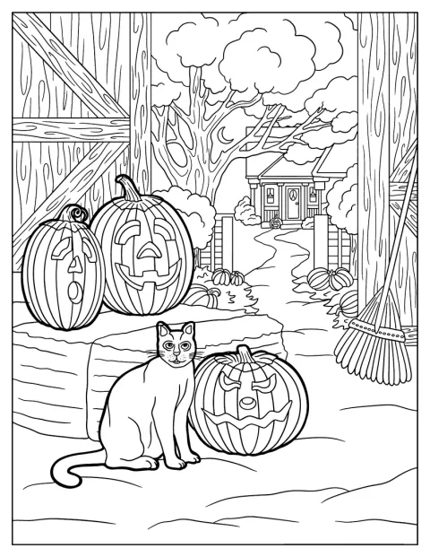 ハロウィーンのかぼちゃ飾りのそばに、猫がいます。