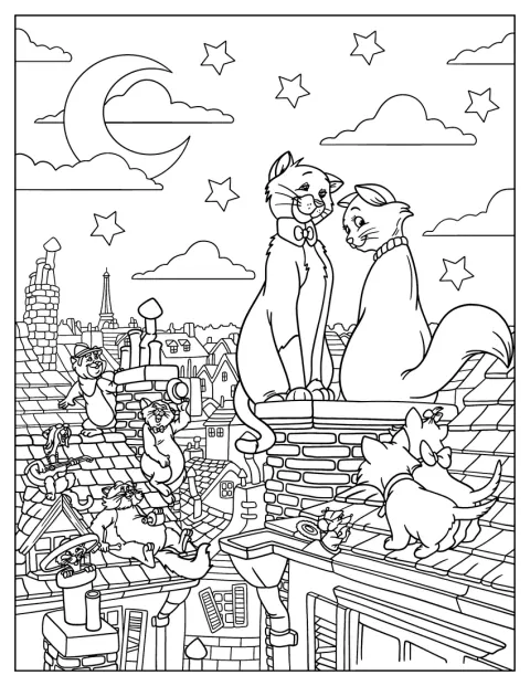 Thomas og Duchess står på et hustag under en Aristocats-plakat.