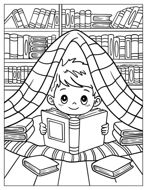 Un băiat citește sub o pătură, într-un colț confortabil de bibliotecă plin de cărți.