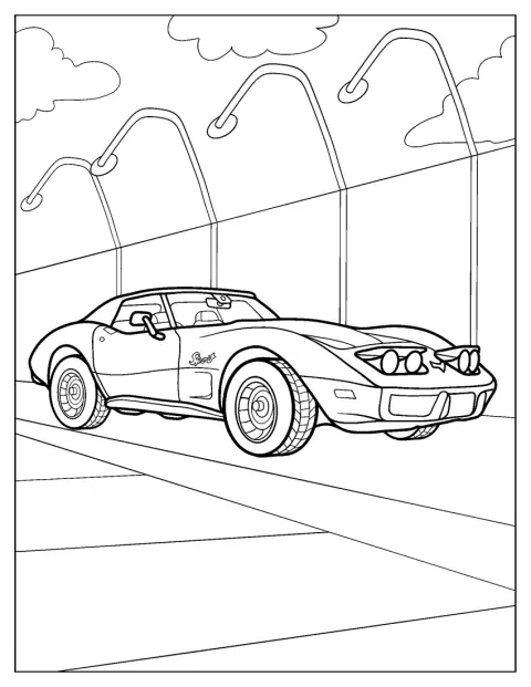 Detailně zobrazený vůz Corvette LS6 stojí na silnici.