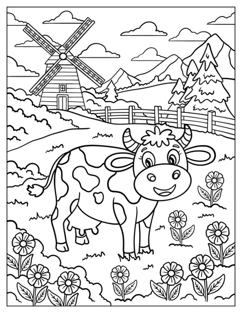En ku står blant blomster ved et gjerde og en vindmølle.