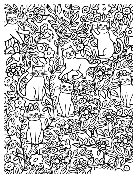 Katte og blomster går igen i et dekorativt mønster.