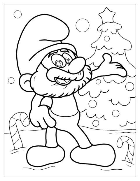 Santa Smurf står ved et pyntet juletre.