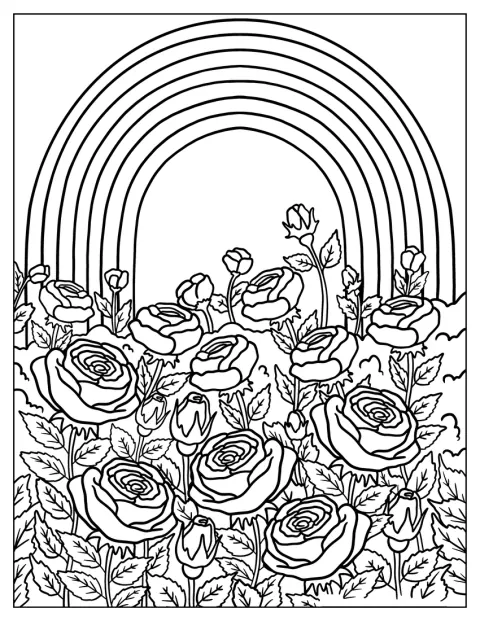 空に虹がかかり、その下にはバラが咲き広がっています。