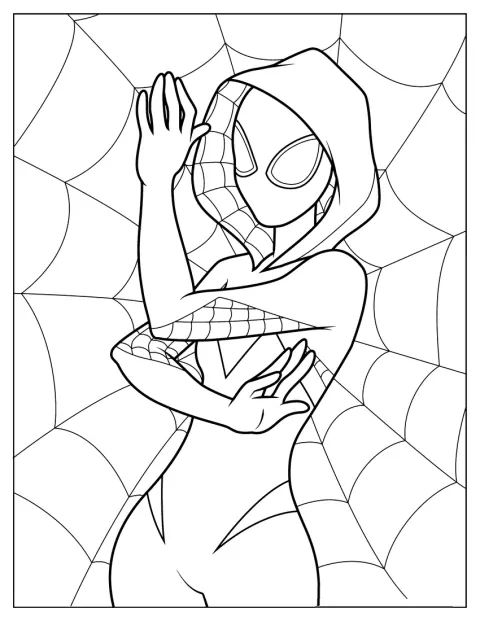 Spider-Gwen stoi w swoim charakterystycznym kostiumie.