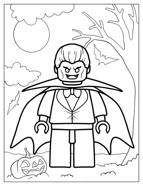 Un personnage LEGO déguisé en vampire porte une cape.