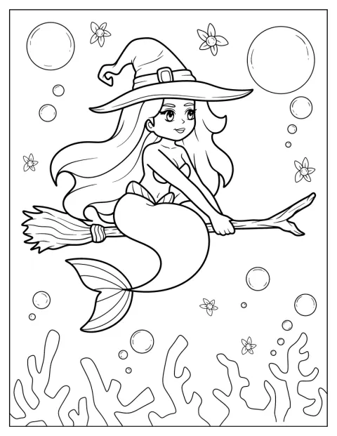 人魚の魔女が、海の中をほうきに乗って飛んでいます。