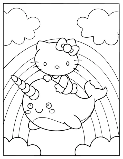 Hello Kitty cavalca un narvalo che vola sopra un arcobaleno.