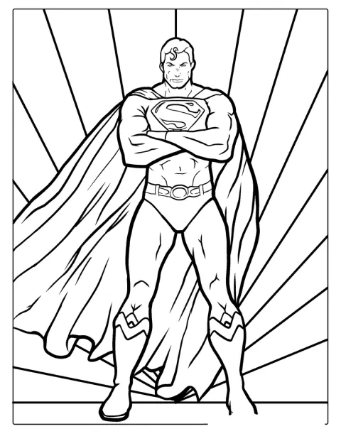 O Super-Homem está de pé, com a capa a cair sobre os ombros.