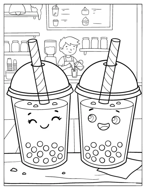 To beger med bubble tea står på et kafébord.
